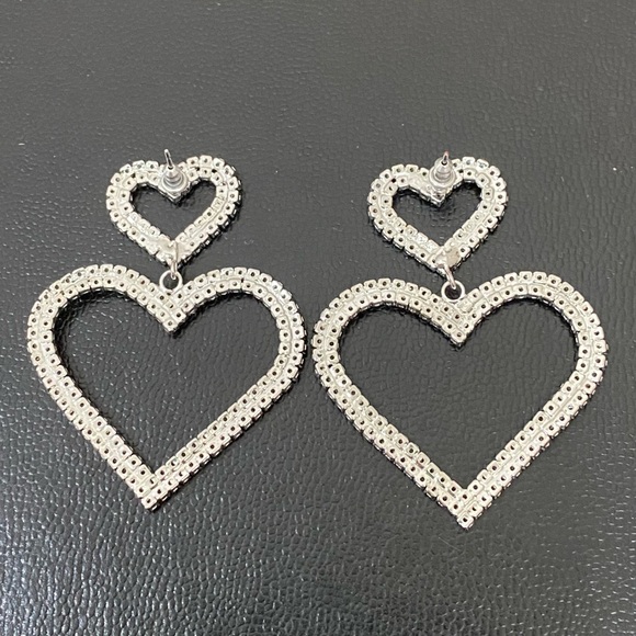 Unsigned Silver-tone Open Heart Pave Clear Rhinestones Hearts Drop Earrings 12g. - Picture 6 of 12